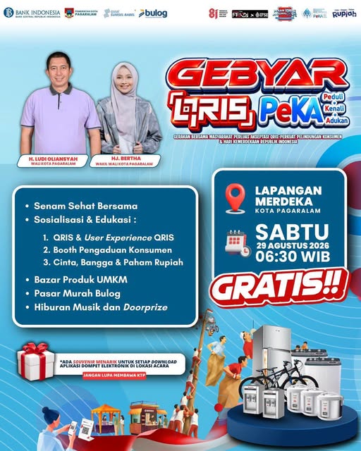 “Gebyar QRIS-PeKA 2026 persembahan Kantor Perwakilan Bank Indonesia Provinsi Sumatera Selatan akan diselenggarakan pada Sabtu, 29 Agustus 2026, di Lapangan Merdeka Kota Pagar Alam”.